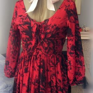 Minkpink Lace up babydoll boho dress red floral XS